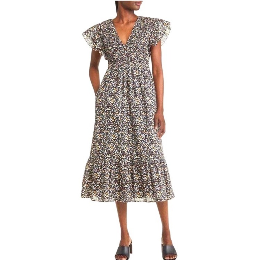 Rails Clementine Smocked Floral Black‎ Midi Dress Black Flutter Sleeve Small